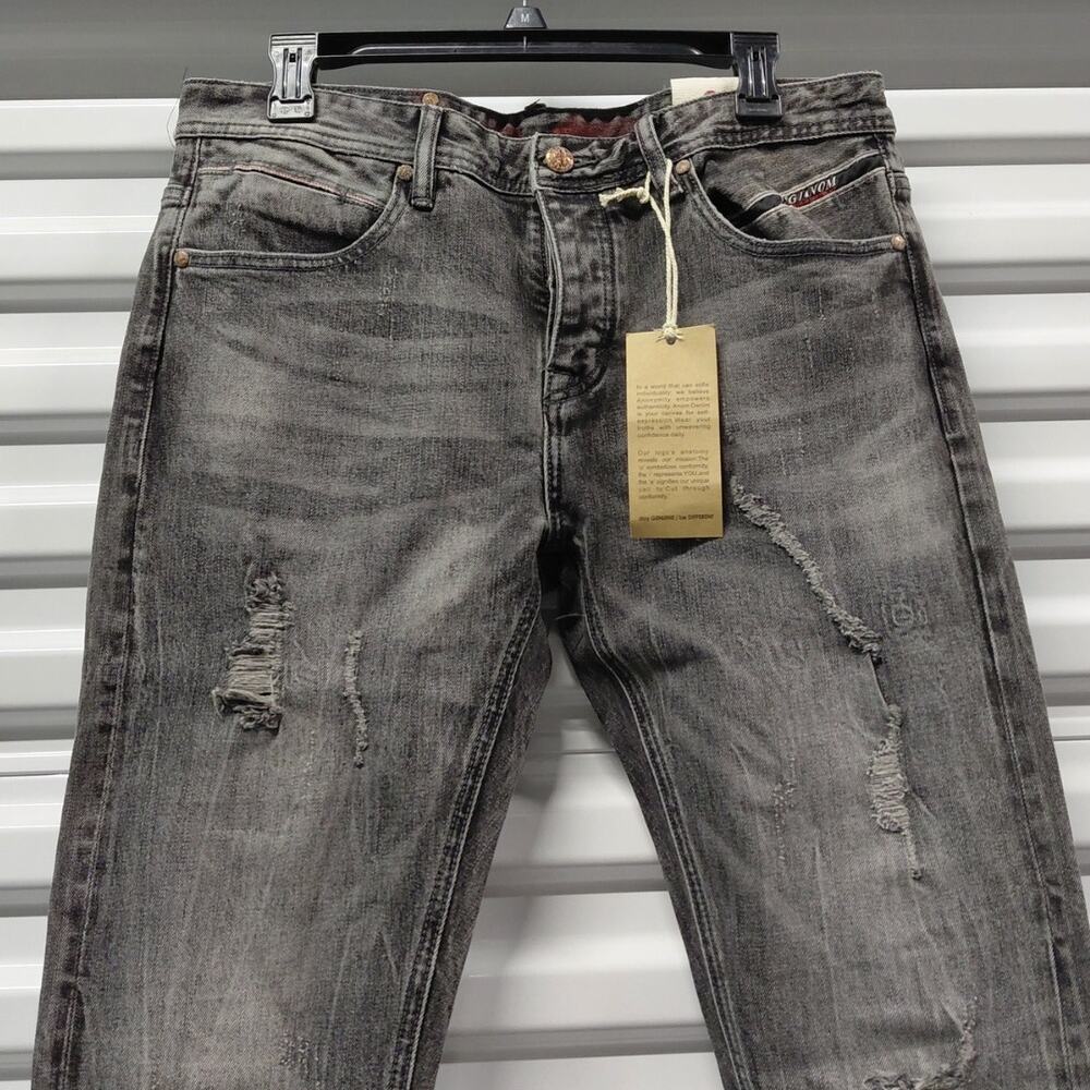 Anom Denim Hate Me Slim Fit Jeans Mens 32 Gray Wash Distressed Button Fly Street - Picture 3 of 10
